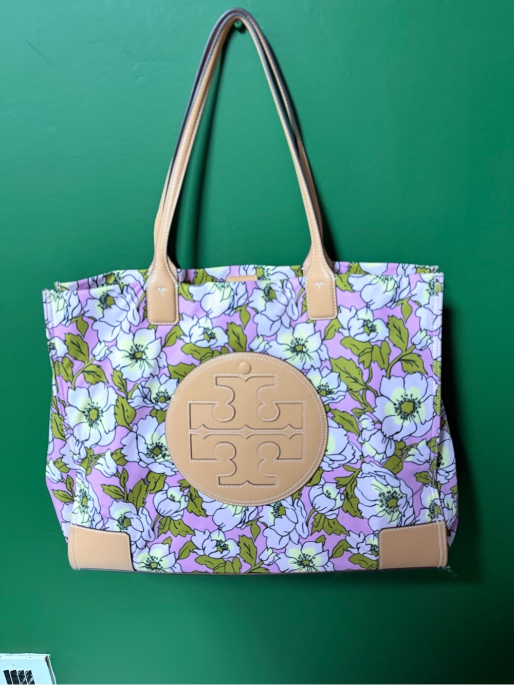Tory Burch Lavender Floral Tote with Tan Trim